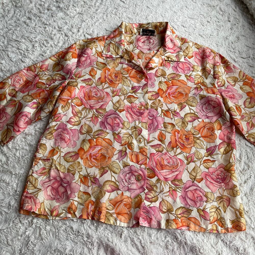 Vintage 70s pink roses print floral 1/2 sleeve‎ blouse button-down top rose L - Picture 8 of 17